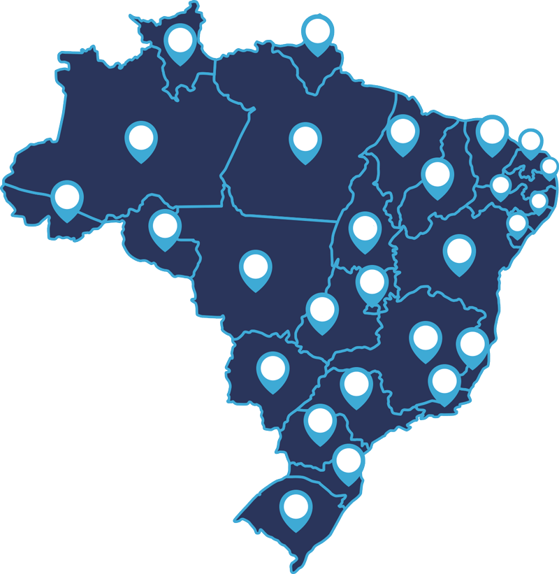 Mapa do Brasil com pinos de localização indicando atuação nacional